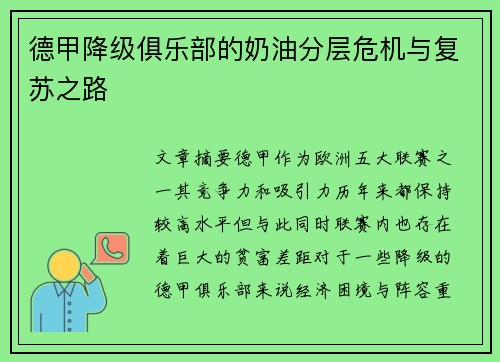 德甲降级俱乐部的奶油分层危机与复苏之路