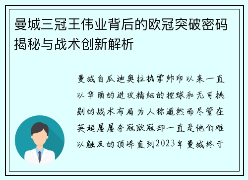 曼城三冠王伟业背后的欧冠突破密码揭秘与战术创新解析